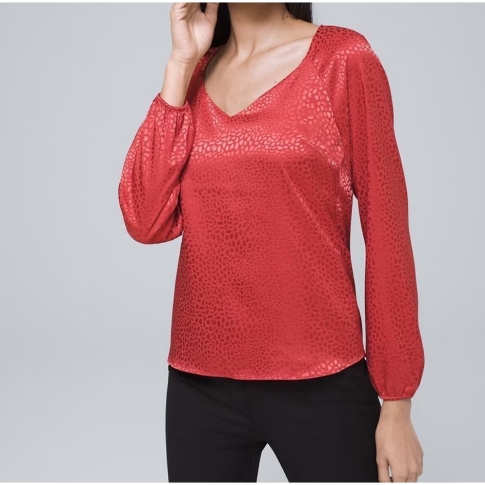 NWT WHBM Jacquard Blouse Fire Quartz V-Neck Size Small